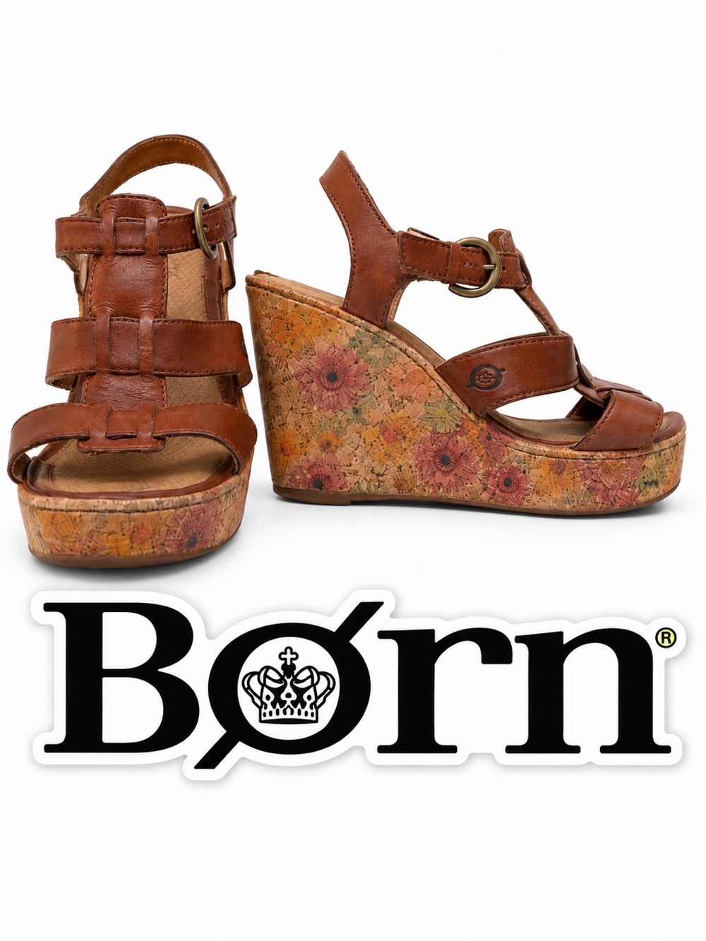 Born Leather Strappy Floral Cork Wedge Sandals